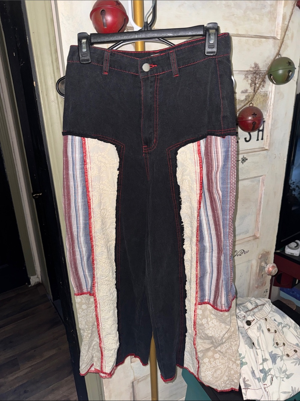 POL Black Flare Jeans with Striped Side Panels and Cream Patchwork